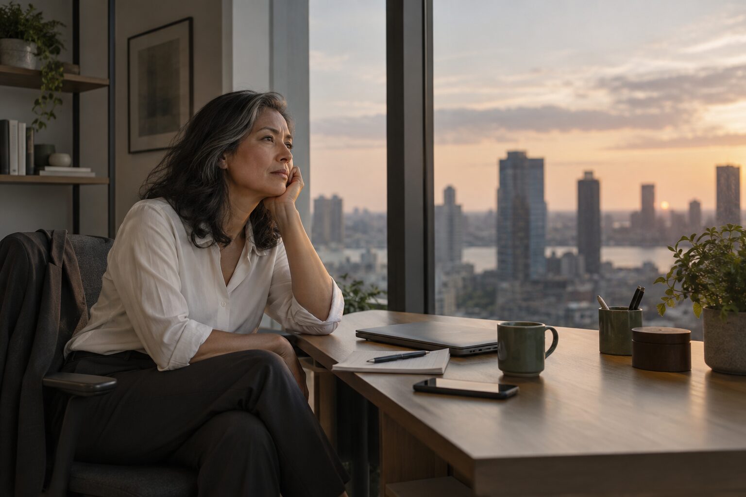 Professional pausing by an office window — executive burnout and career transition