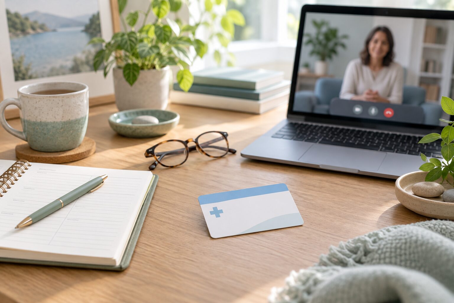 Telehealth workspace and health insurance card — Massachusetts therapy coverage guide