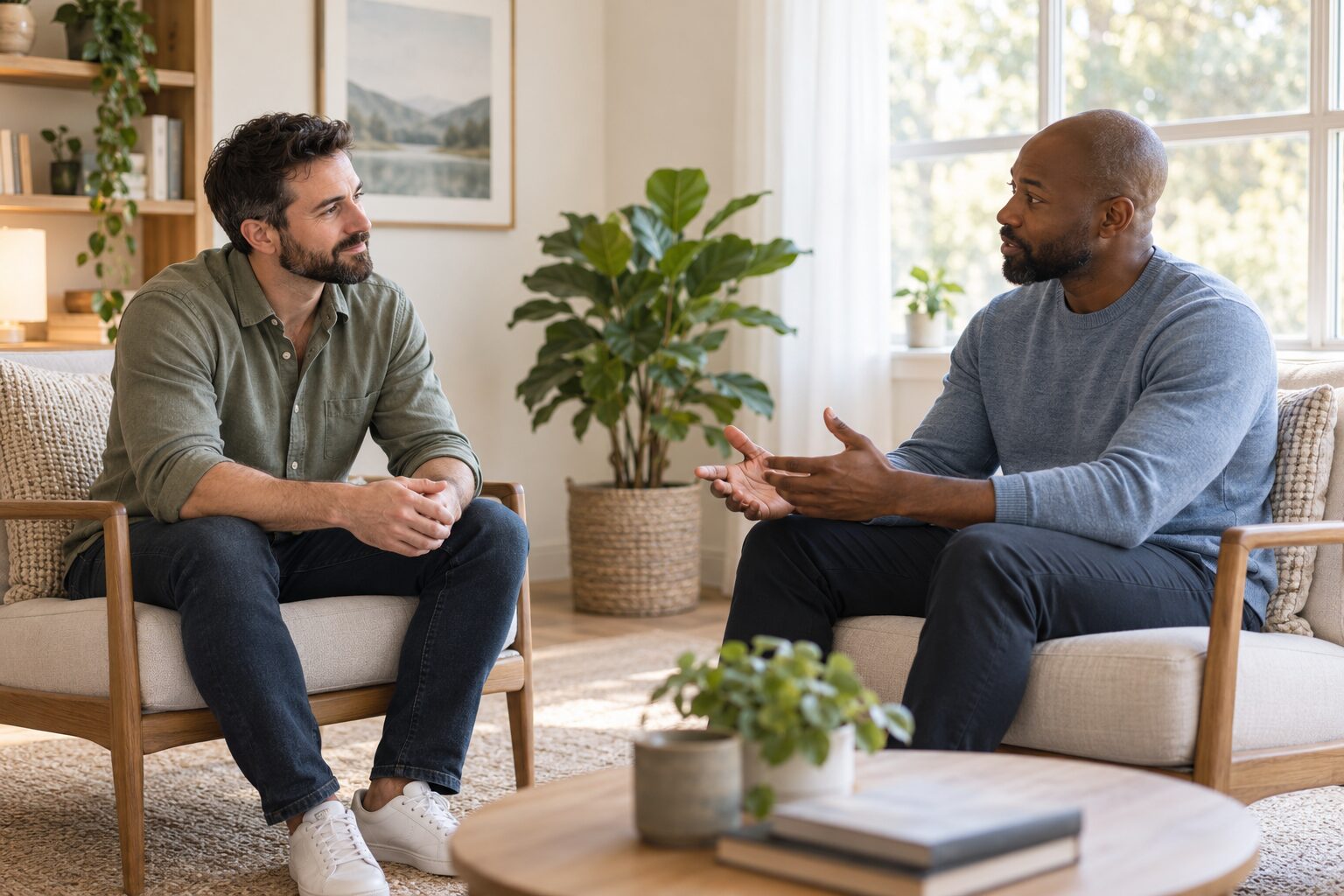 Two men having a supportive therapy conversation — finding a therapist for men's mental health