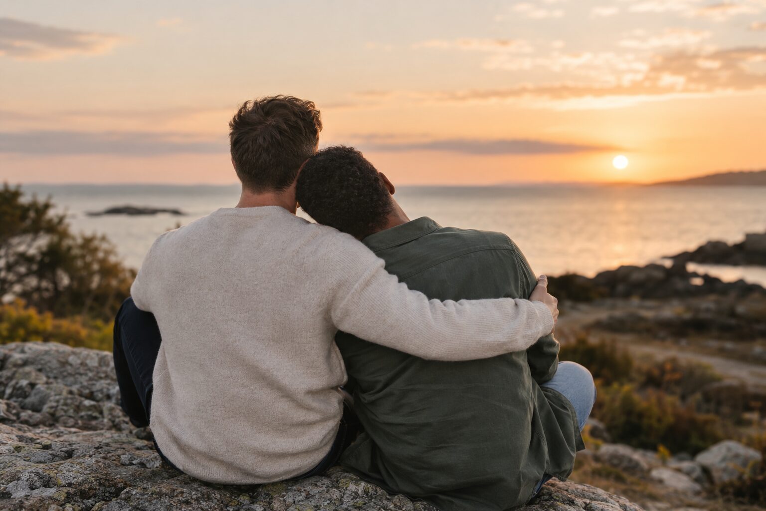 Two men sharing a supportive embrace by the coast — sexuality, identity, and emotional wellbeing